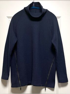 LL Bean Signature Funnel Neck Waffle Sweater CYA Length Side Zippers Navy Blue L